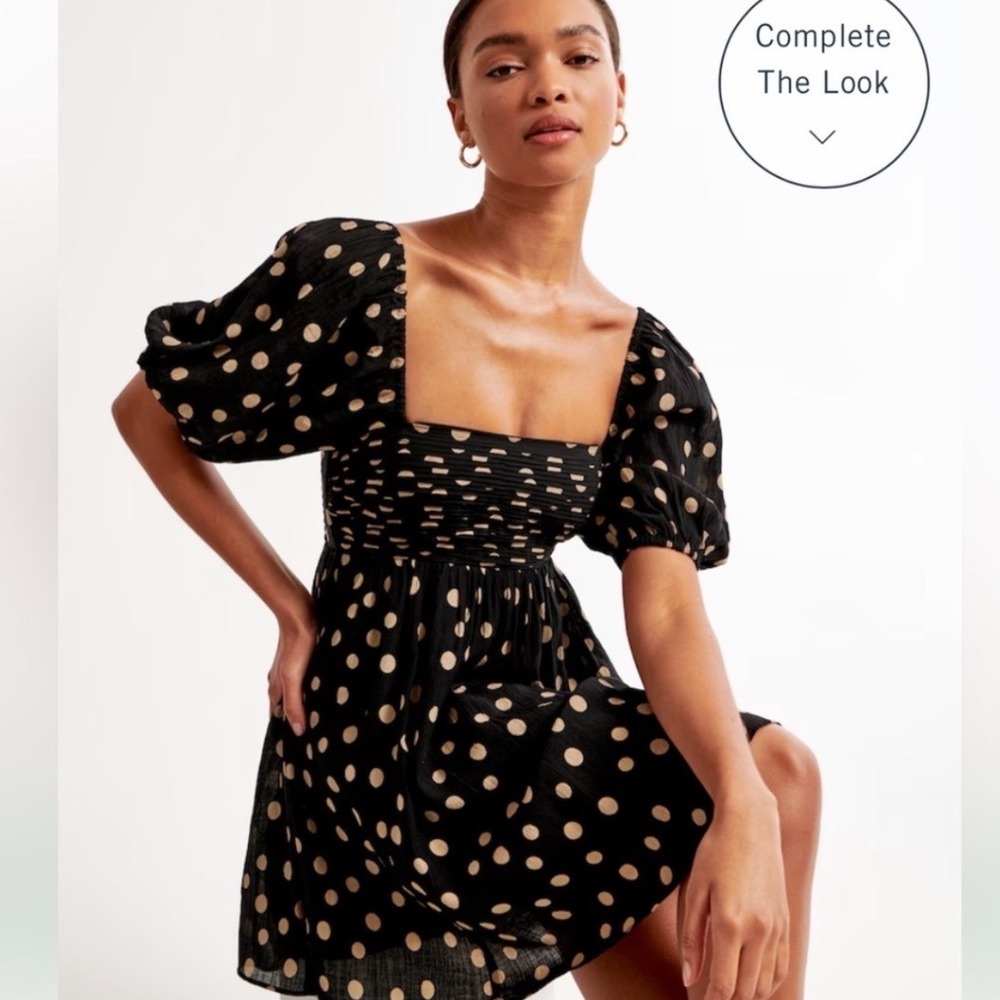 Abercrombie Emerson Polka Dot Mini Dress Small Tan Puff Sleeve Smocked